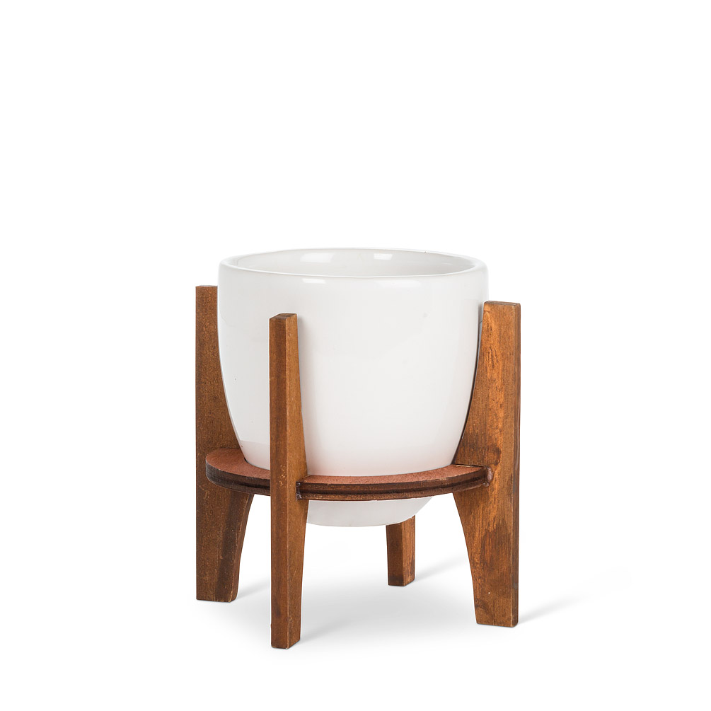 Small Pot with Wooden Stand (White)